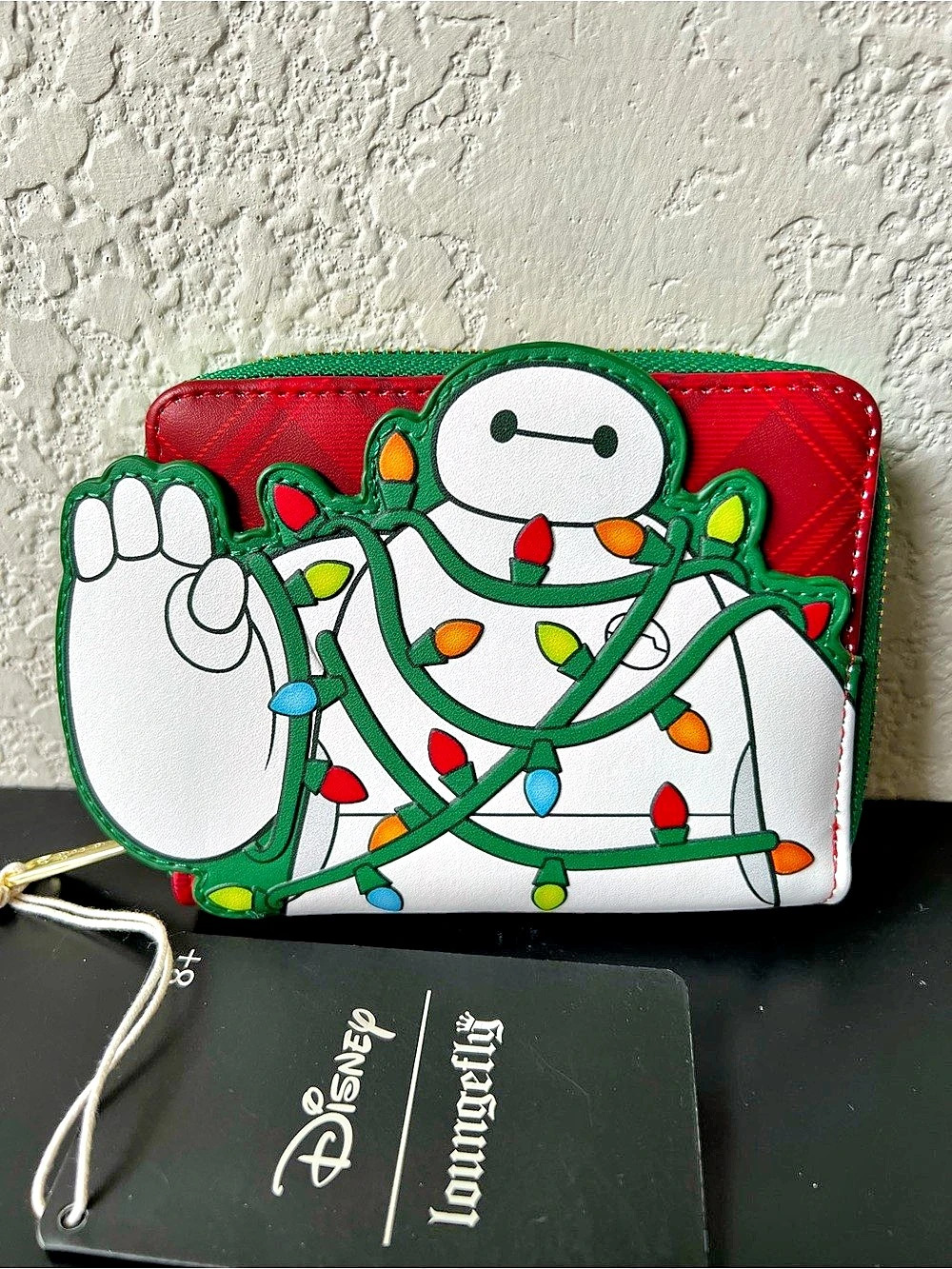 Loungefly Disney Big Hero 6 Baymax Holiday Lights Plaid Christmas Zip Wallet NWT